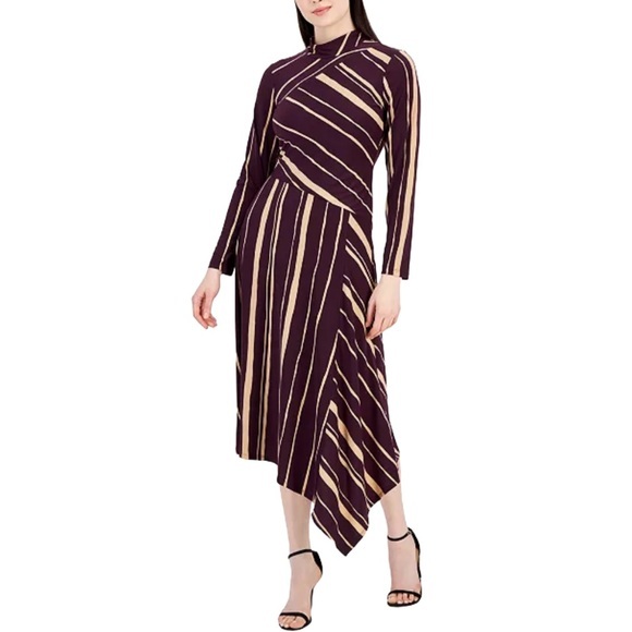 Taylor Women's Printed Asymmetrical-Hem Long-Sleeve Dress Purple And Beige Nwt